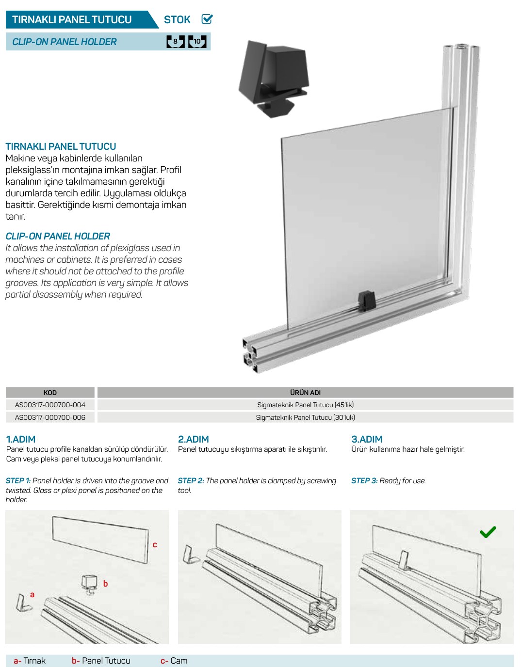 Tırnaklı Panel Tutucu ölçüler ve teknik tablo