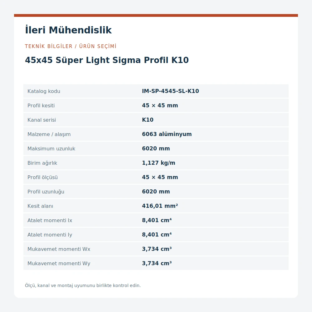 45x45 Süper Light Sigma Profil K10 · İleri Mühendislik