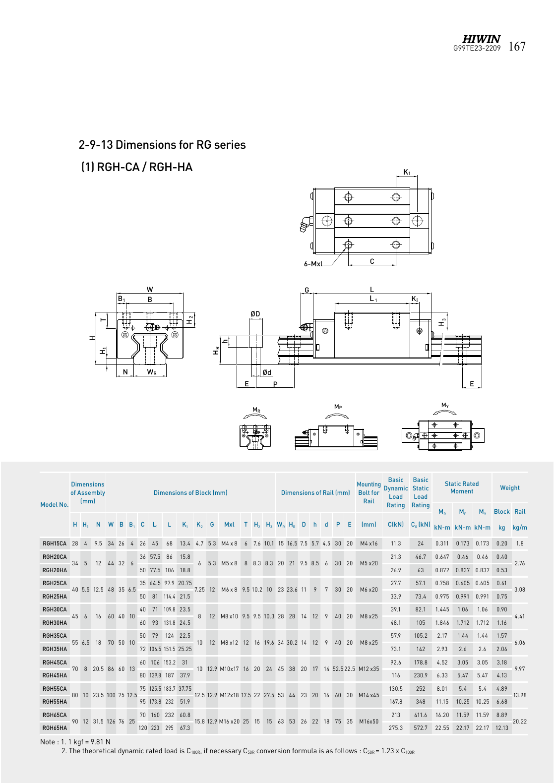 HIWIN RG kaynak teknik çizimi ve ölçü yük tablosu, PDF sayfa 170