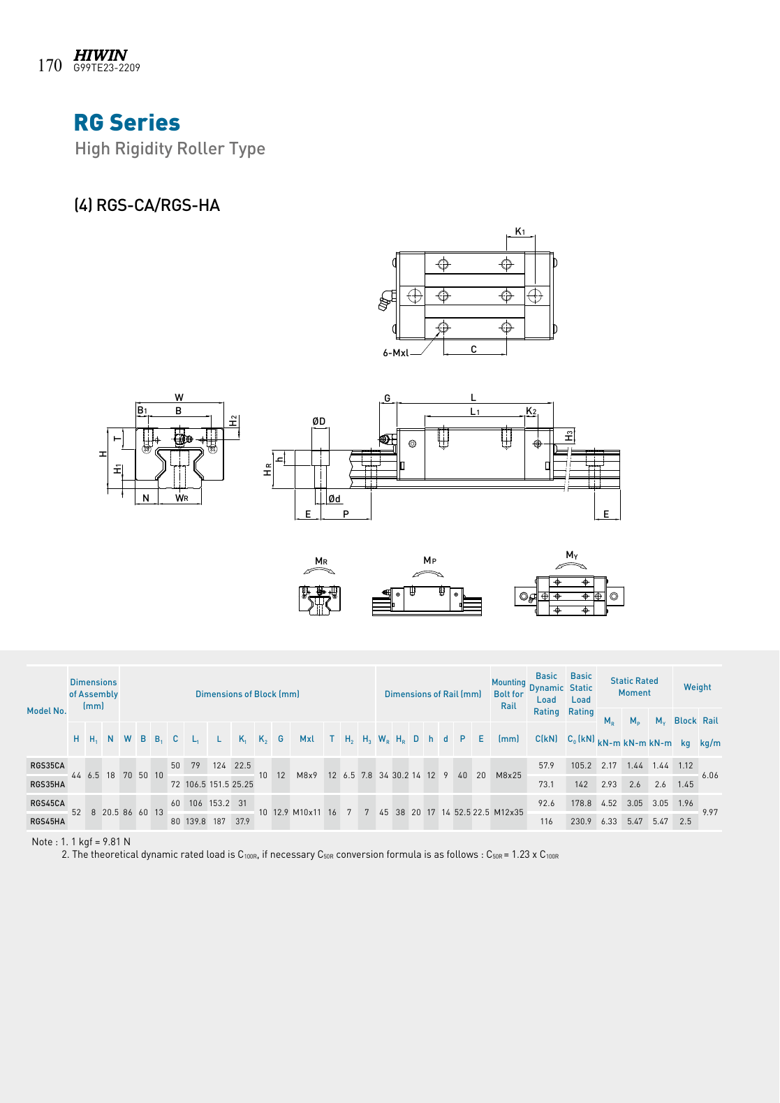 HIWIN RG kaynak teknik çizimi ve ölçü yük tablosu, PDF sayfa 173